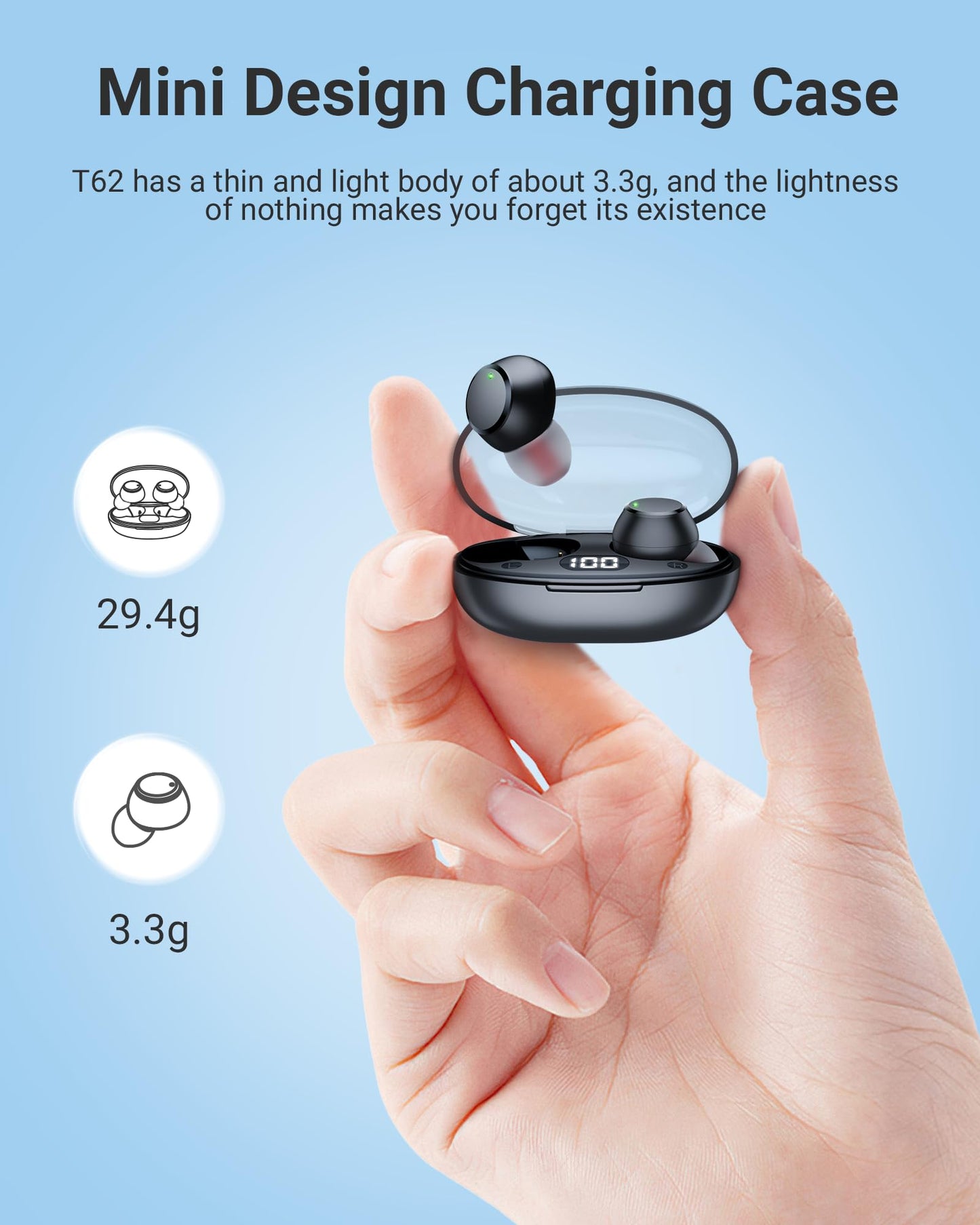 Wireless Bluetooth Earbuds Headphones 5.3 Mini Ear Buds IPX7 Waterproof Earbud Workout Earphones with LED Display Charging Case Sports Headset Touch Control Stereo Sound for Gym Exercise Running Black