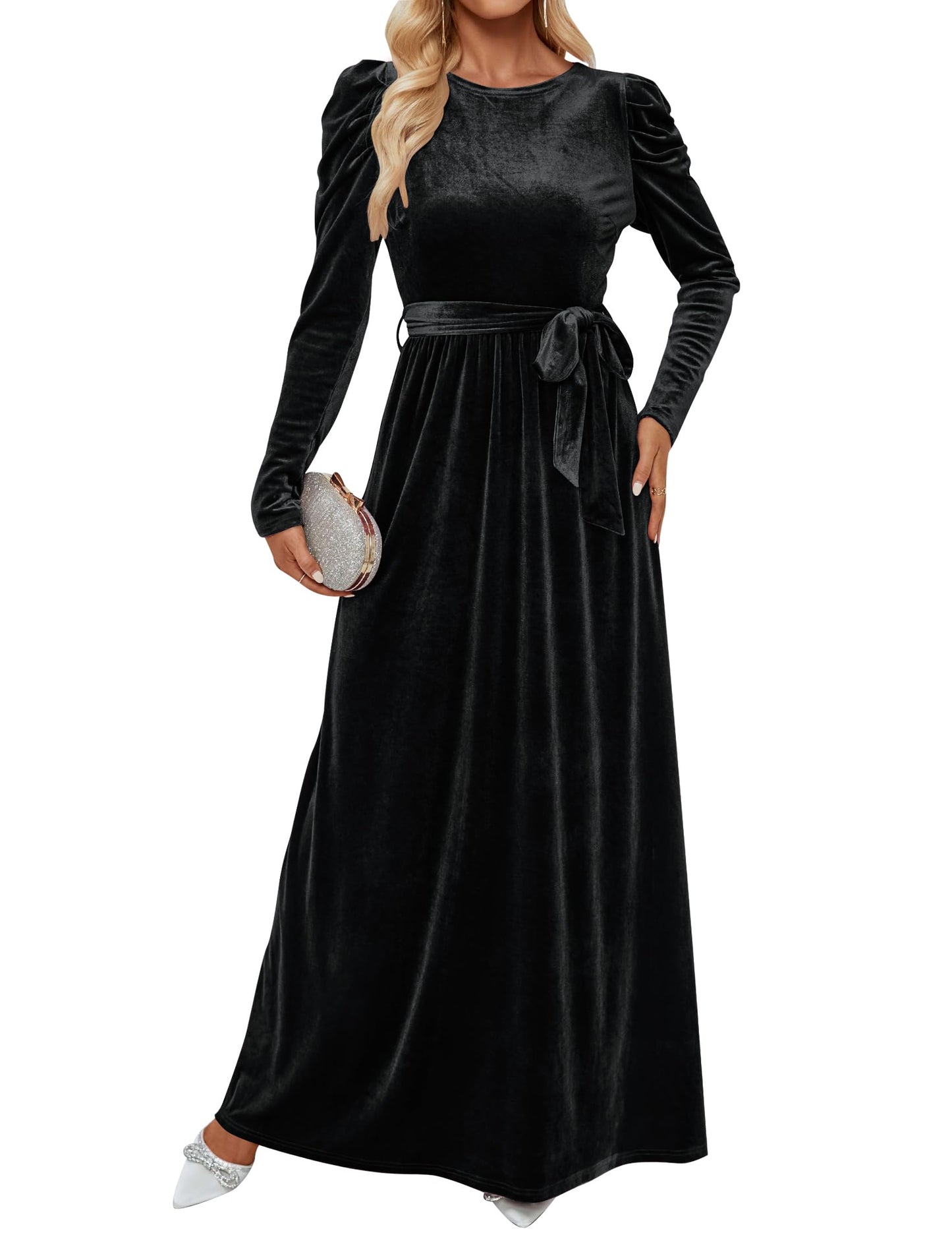 ZESICA Women's Velvet Maxi Dress with Puff Sleeves