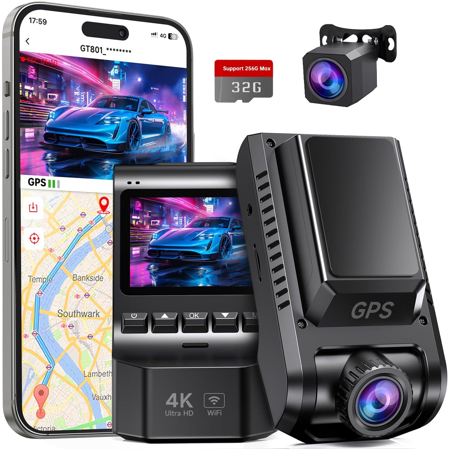 Ecomoment Dash Cam Front and Rear, 4K/2.5K Full HD Dash Camera for Cars, Included 32GB Card, Built-in Wi-Fi GPS, 2.0'' IPS Screen Mini Car Camera, Night Vision, 170°Wide Angle, WDR, 24H Parking Mode