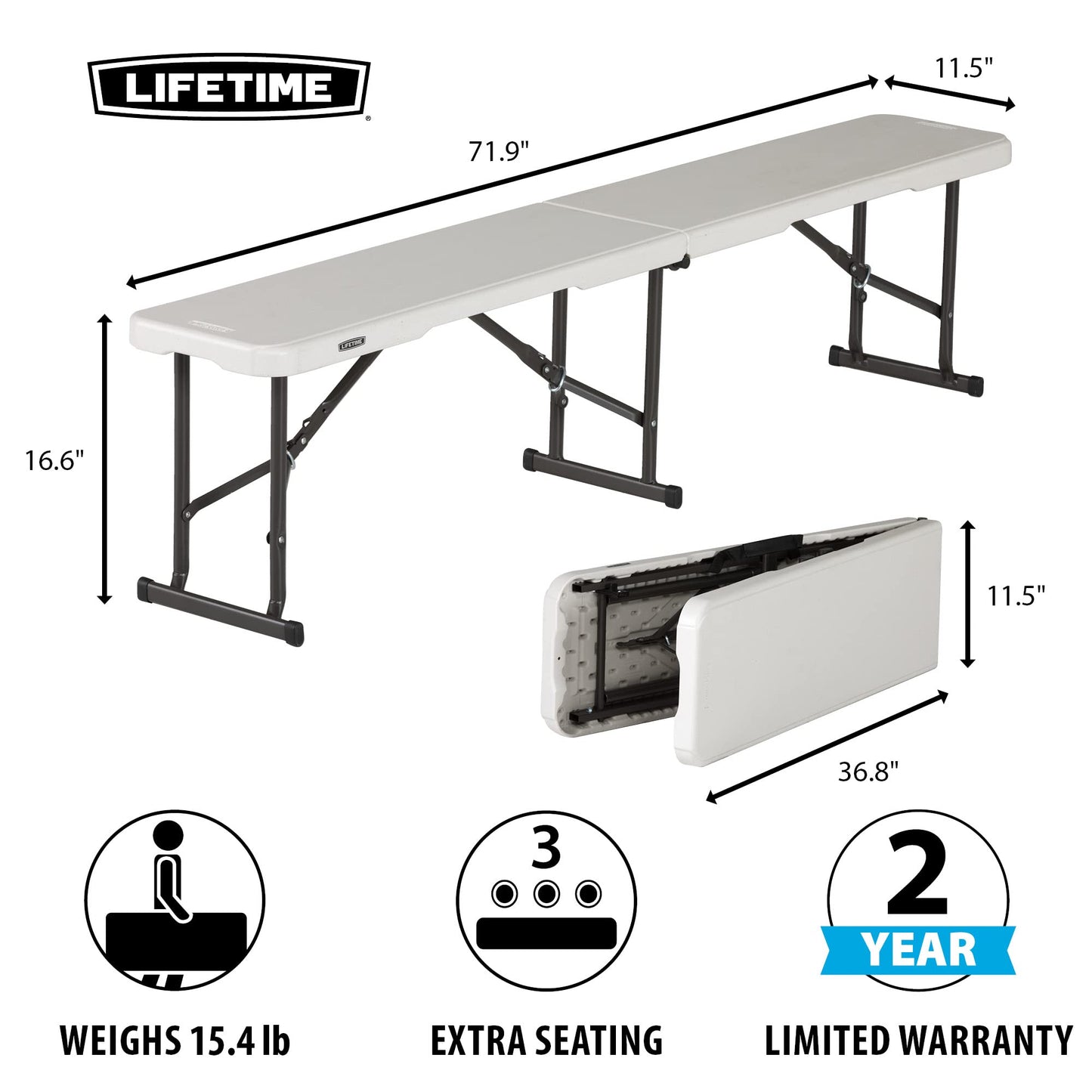 Lifetime Portable Folding Bench - White Outdoor Seating
