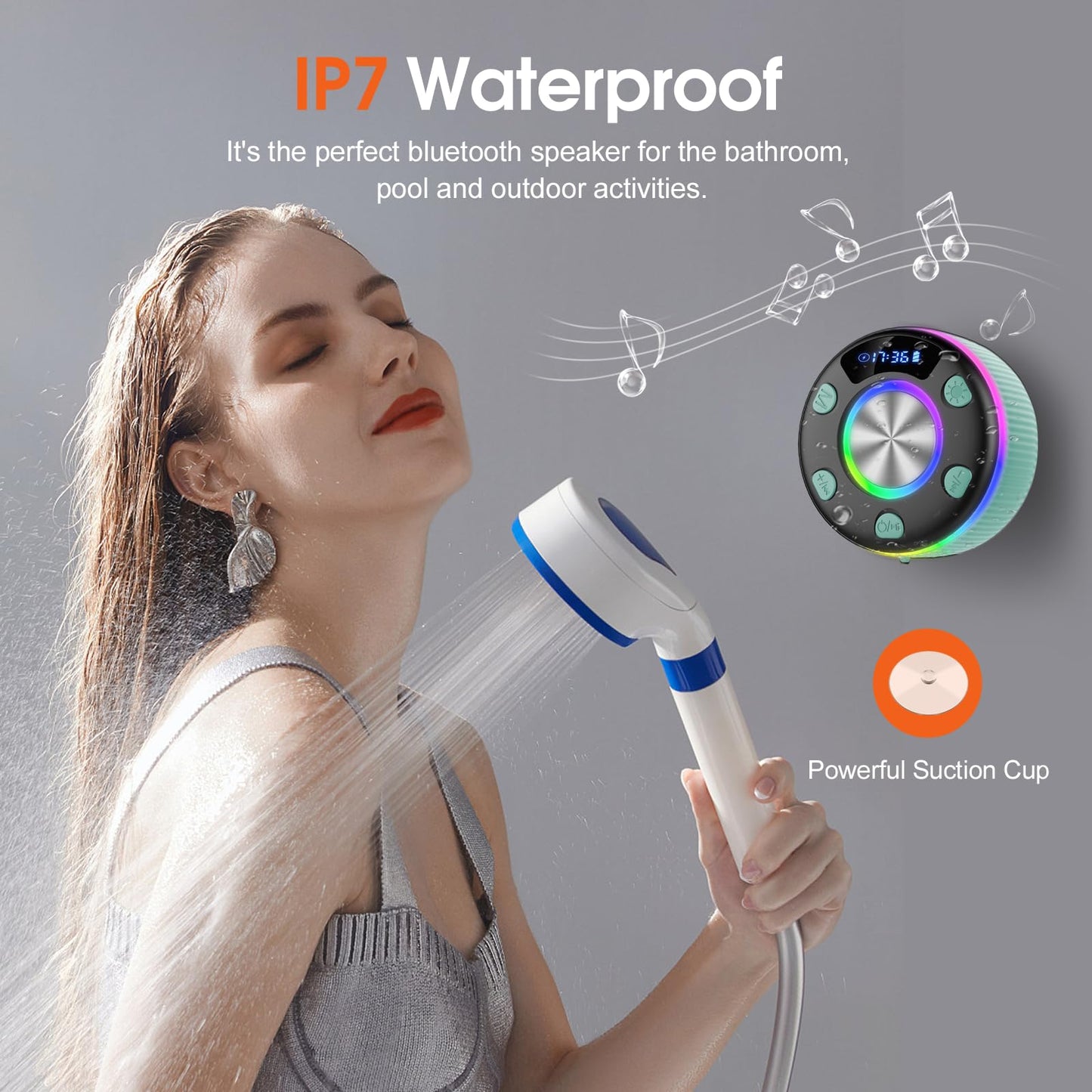 Bluetooth Shower Speaker with RGB Light & Suction Cup