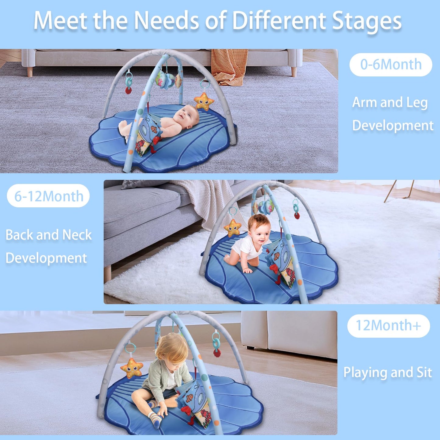 Baby Gym Play Mat for Babies 0-6 Months Infant Tummy Time Mat Activity Gym, Blue Shell Baby Gyms & Playmats Newborn Brain Sensory Development 6-12 Months, Baby Gifts