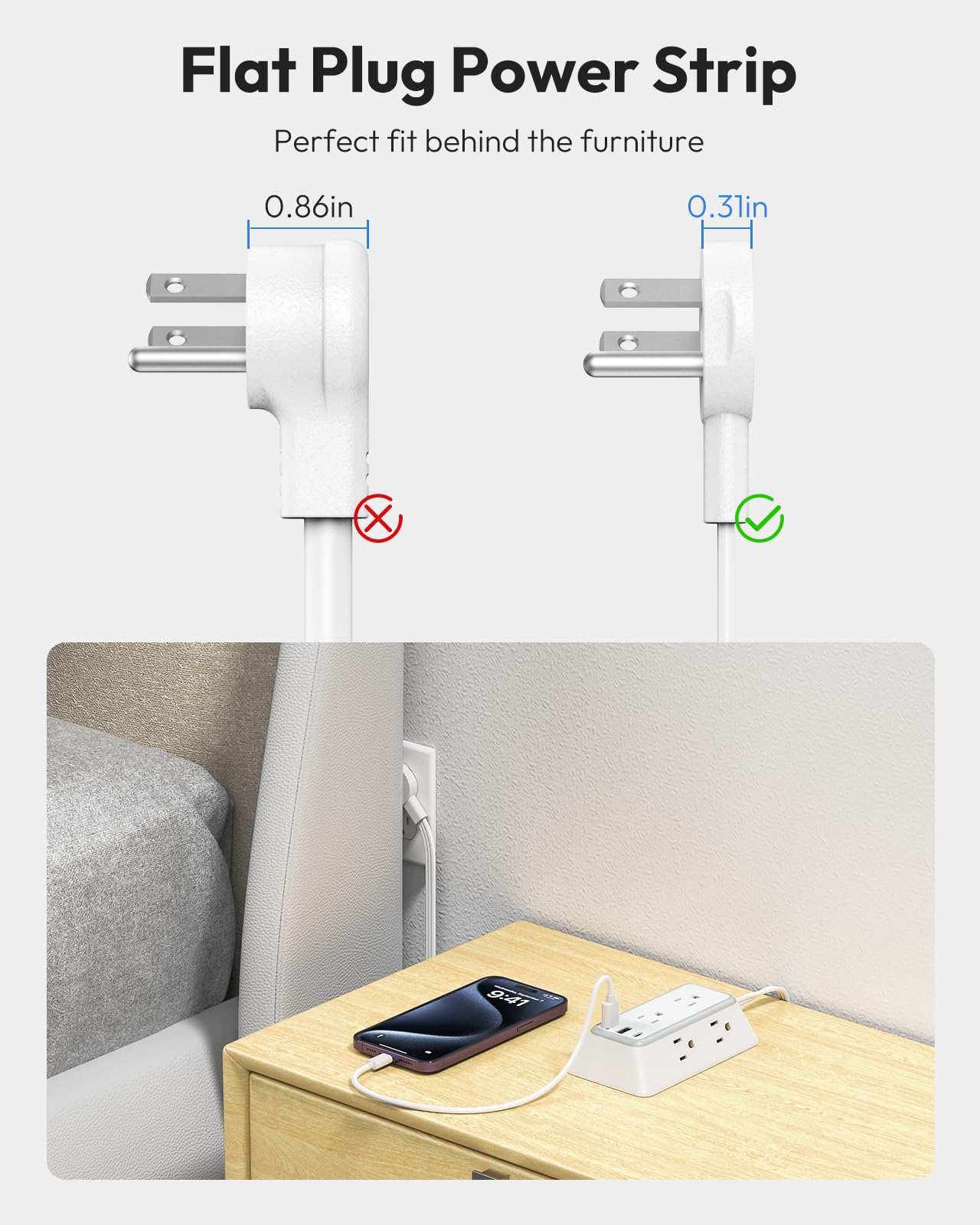 NTONPOWER 10ft Flat Plug Power Strip with USB