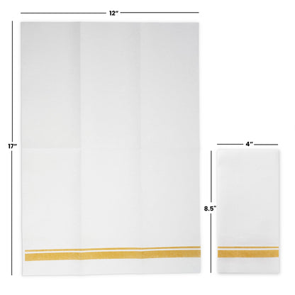 Disposable Linen-Feel Peper Napkins, Decorative White Guest Towels, 12" x 17" Gold Line Hand Napkins For Wdding, Party Or Event - Pack of 200