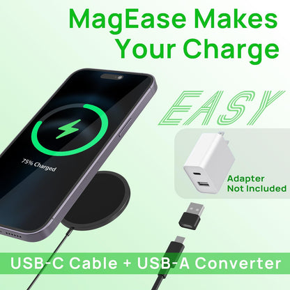 Magnetic Wireless Charger,MagEase 15W Wireless Charger Magnetic Compatible with iPhone 15/14/13/12 Series and AirPods 3/2/Pro, Charging Pad with USB-C Cable and USB-A Converter (Black)