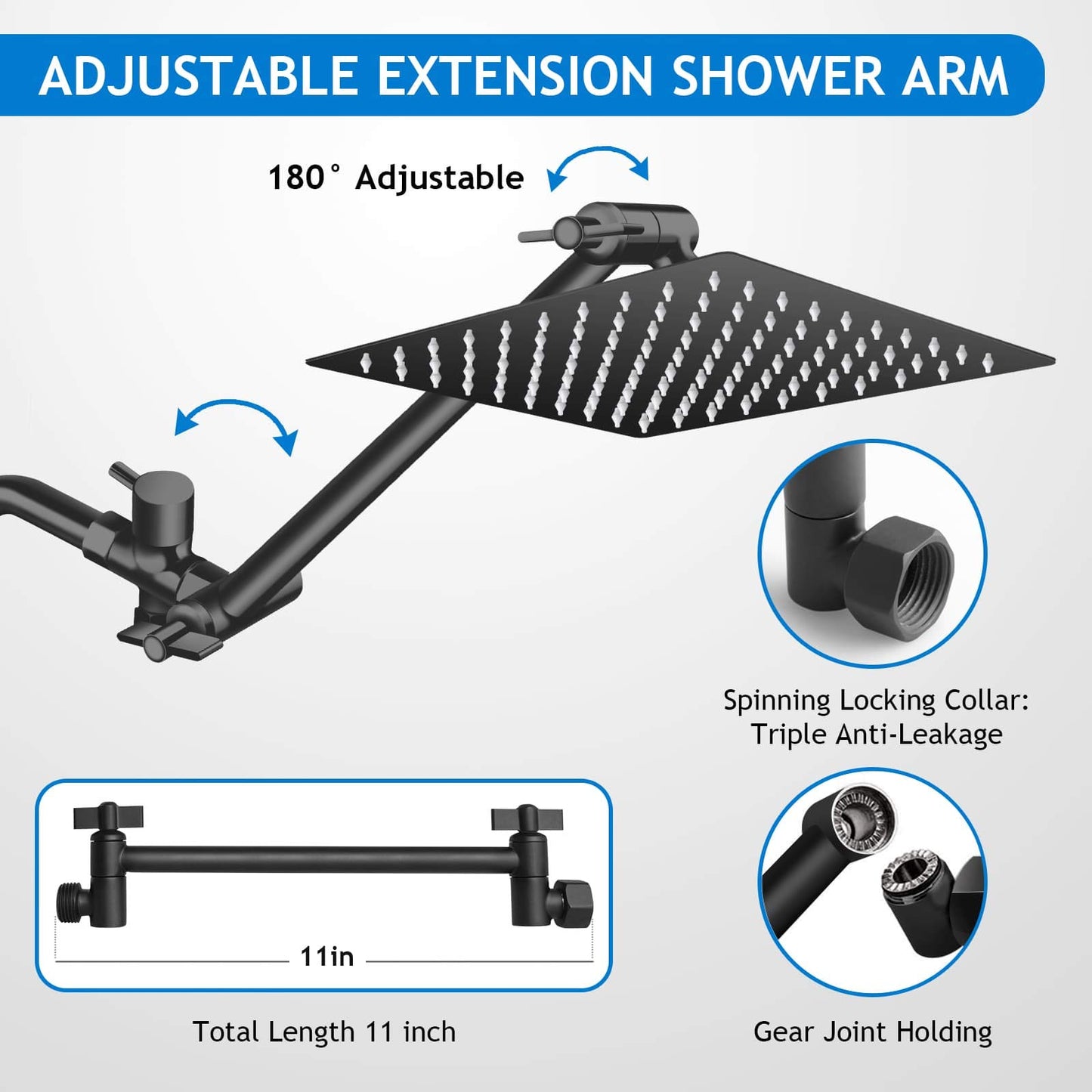 Shower Head Combo,10 Inch High Pressure Rain Shower Head with 11 Inch Adjustable Extension Arm and 5 Settings Handheld Powerful Shower Spray Against Low Pressure Water - Matte Black