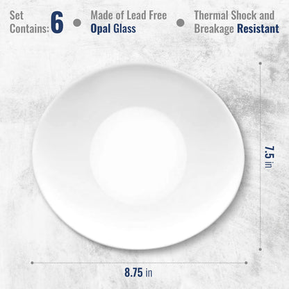 Bormioli Rocco Prometeo Set Of 6 Dessert Plates, 8.75" X 7.5" Tempered Opal Glass, Clean White, Curved Design With External Textures Dinnerware.