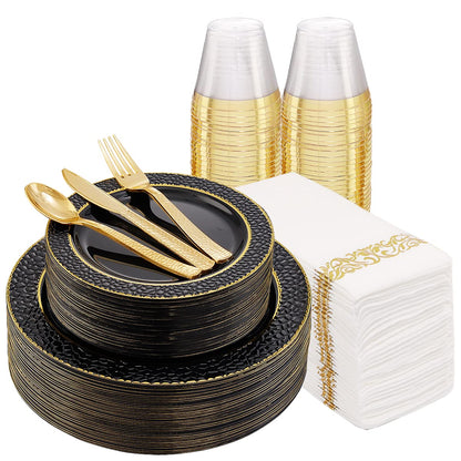 FLOWERCAT 175PCS Black Plastic Plates with Gold Rim & Black and Gold Plastic Plates & Gold Plastic Silverware & Black Disposable Plates for Wedding,Halloween Party, New Year