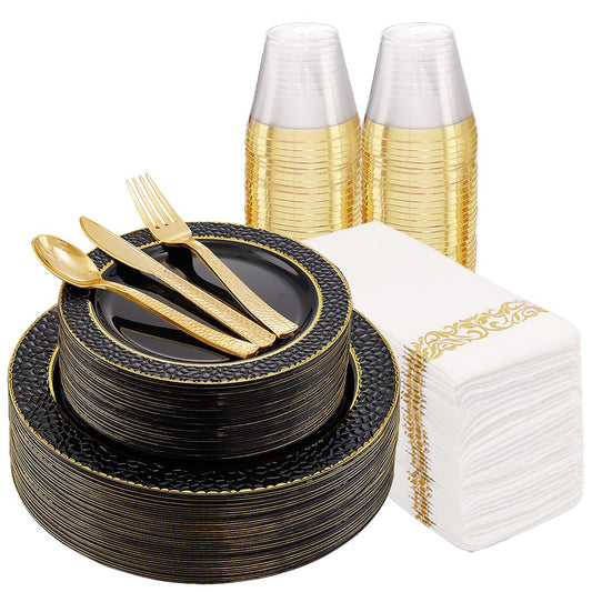 FLOWERCAT 175PCS Black Plastic Plates with Gold Rim & Black and Gold Plastic Plates & Gold Plastic Silverware & Black Disposable Plates for Wedding,Halloween Party, New Year