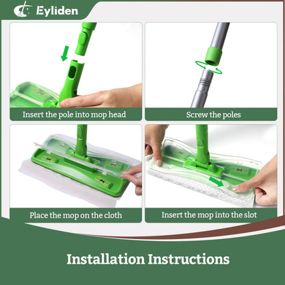 Eyliden Sweeper Mop - Lock Tight Design No Lost Pads - 36 Disposable Dry & Wet Cloths, Dust Mop Starter Kit for Pet Hair, Hardwood Floors, 360 Swivel, Universal Refills, Efficient Floor Cleaning