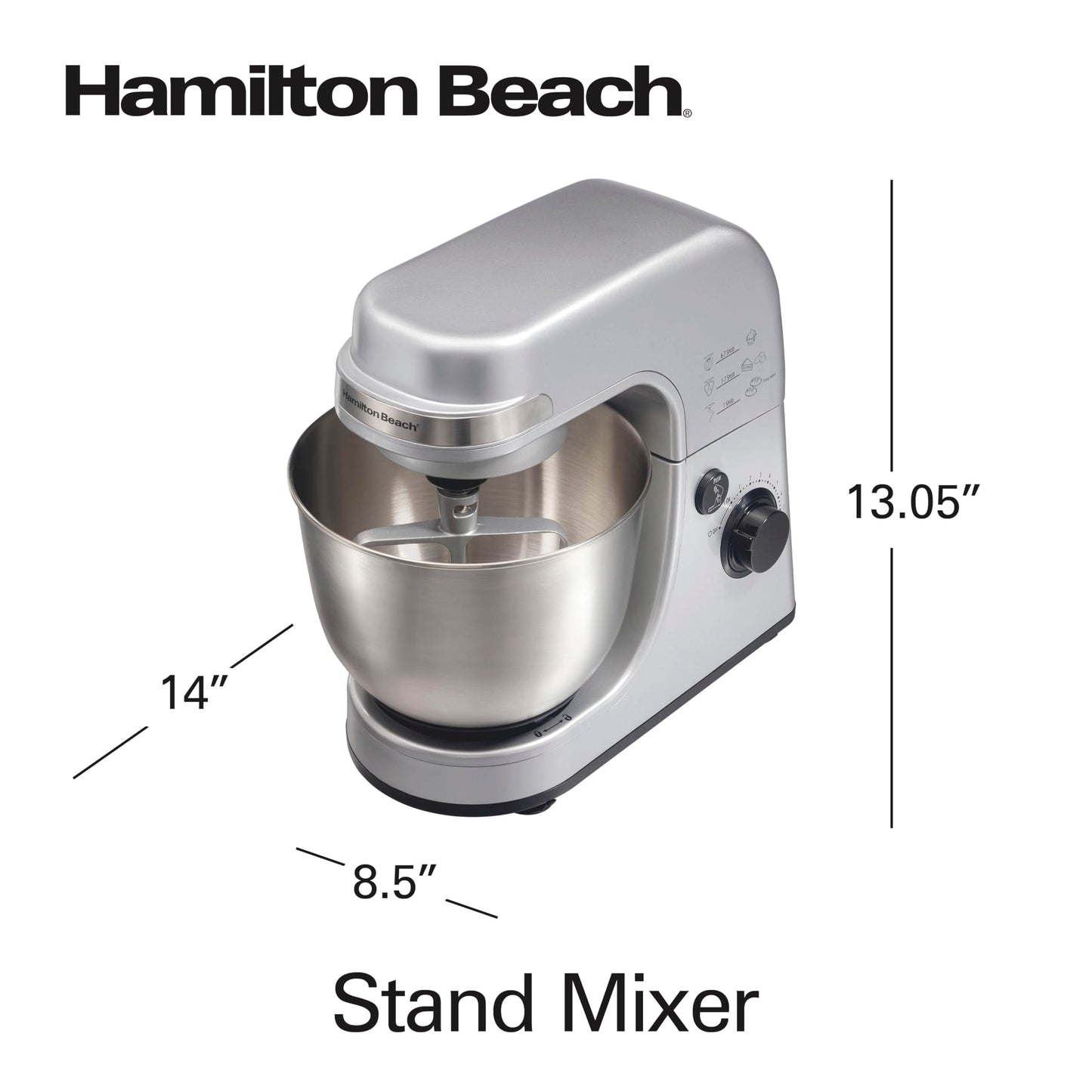 Hamilton Beach Electric Stand Mixer, 4 Quarts, Dough Hook, Flat Beater Attachments, Splash Guard 7 Speeds with Whisk, Silver