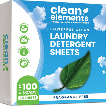 Clean Elements Laundry Detergent Sheets (100 Loads, 50 Sheet) Fragrance Free Unscented, Eco Earth Friendly Clean Breeze, Non Toxic People Safe, Washing Travel Supplies, Liquidless Pod Home Soap Washer