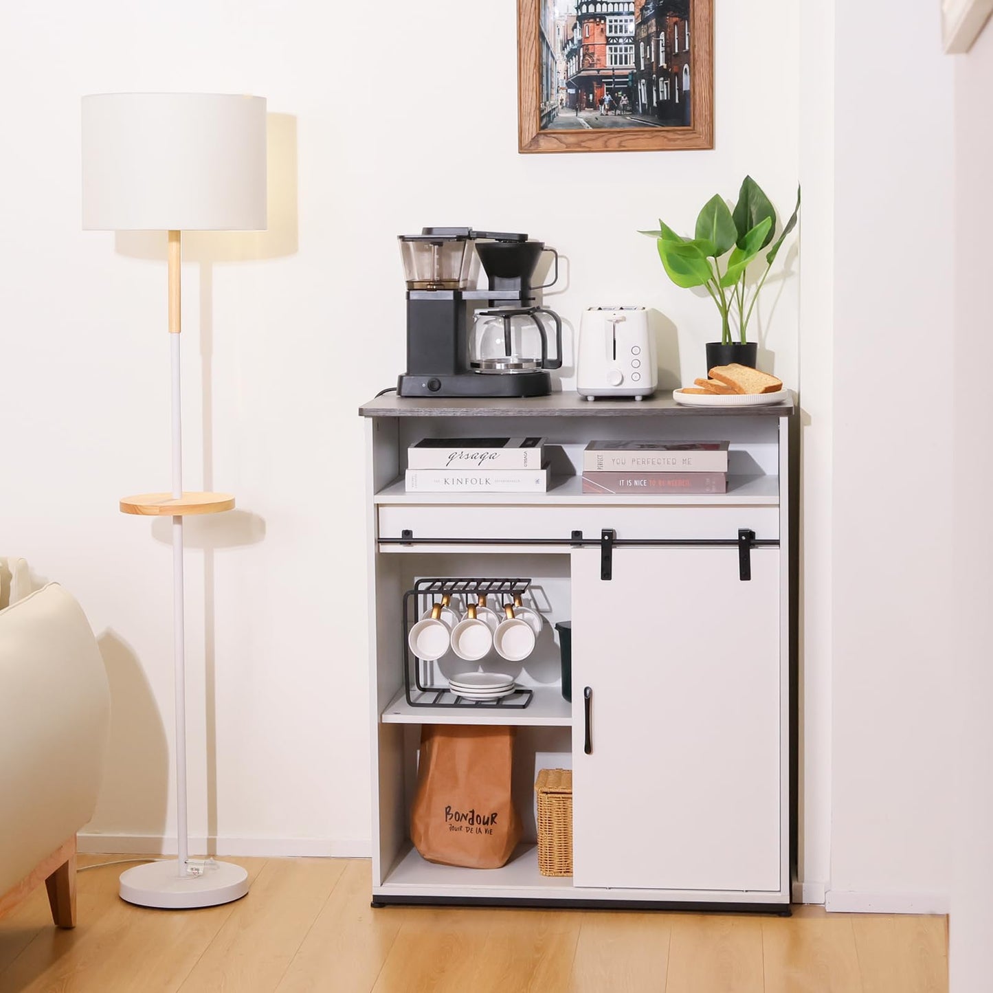 ALBAD Coffee Bar Cabinet/Table, 32" Buffet Sideboard with Sliding Barn Door and Storage Shelves, Farmhouse Wood Kitchen/Accent Storage Cabinet White Walaut