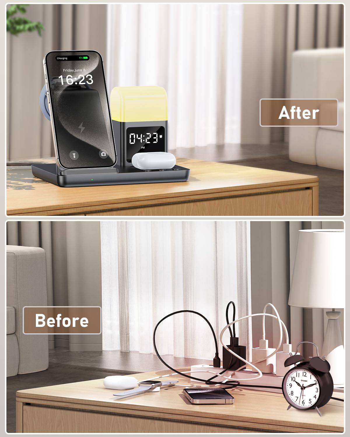 Wireless Charging Station with Alarm Clock & Light