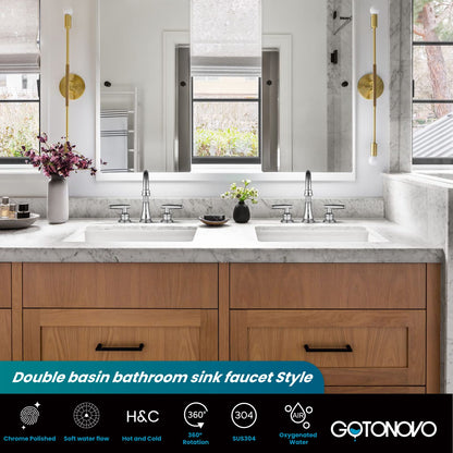 gotonovo 8 Inch Vanity Basin Faucet Dual Handle Polished Chrome Deck Mount 3 Hole Bathroom Faucet with Pop Up Drain and Water Supply Hoses Widespread Lavatory Sink Faucet Hot and Cold Mixer Tap