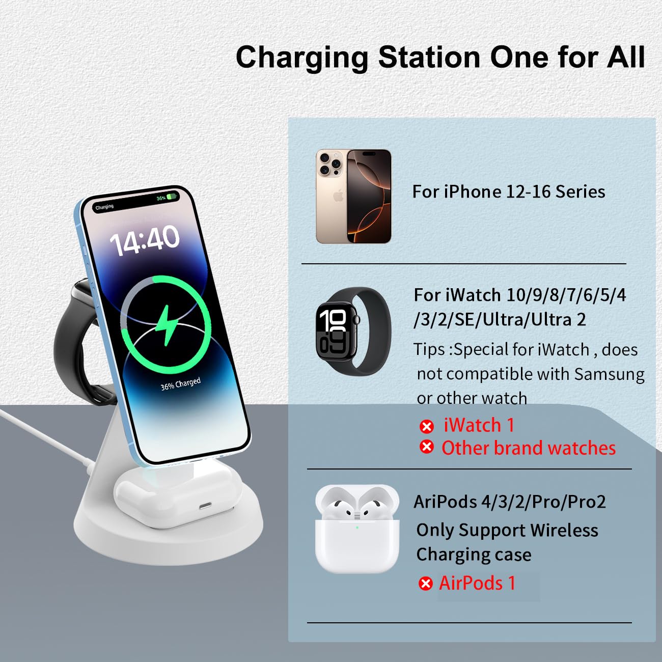 3 in 1 Charging Station Compatible with Magsafe Charger Wireless Charging Station for iPhone 17 16 15 14 13 12 Series Wireless Charger Stand for AirPods Wireless Charging Stand for iWatch Series