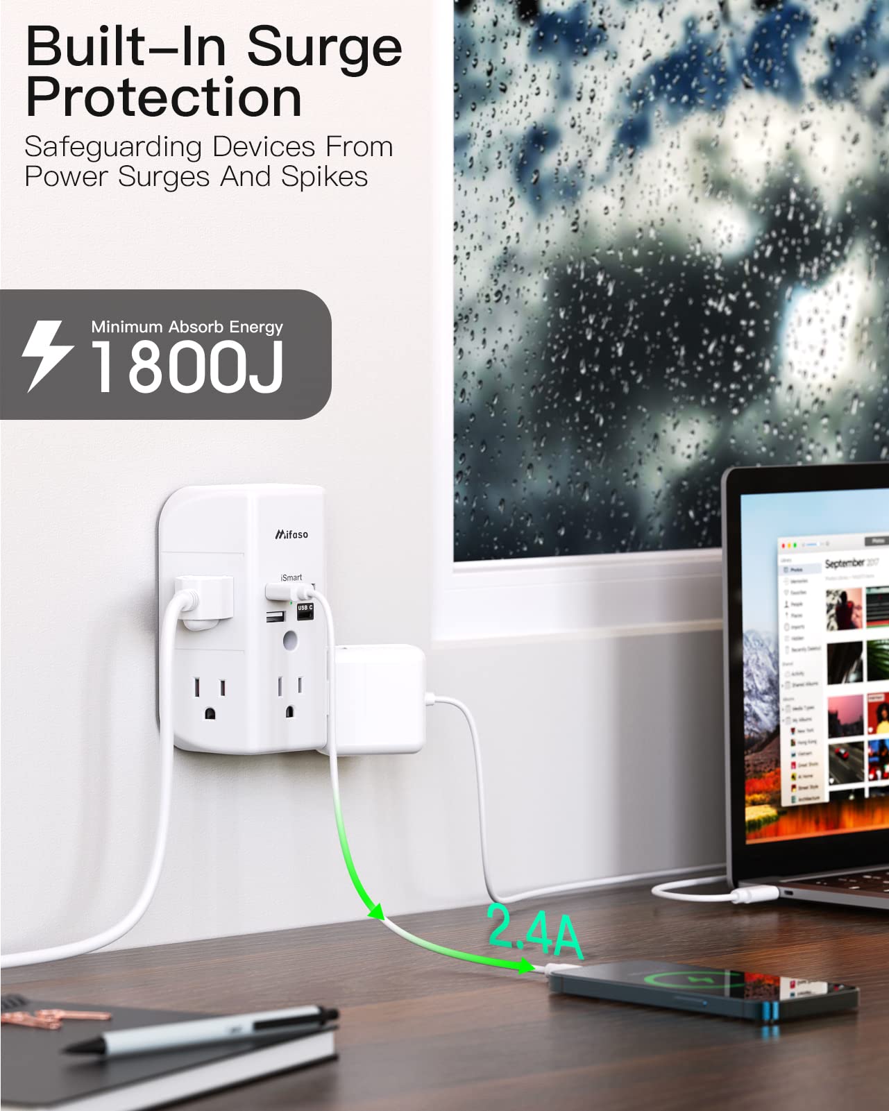 Wall Outlet Extender with Outlet Splitter Surge Protector USB Wall Charger with 5 Outlet Extender and 3 USB Ports, 1 USB C, 3-Sided Power Strip Multi Plug Outlets