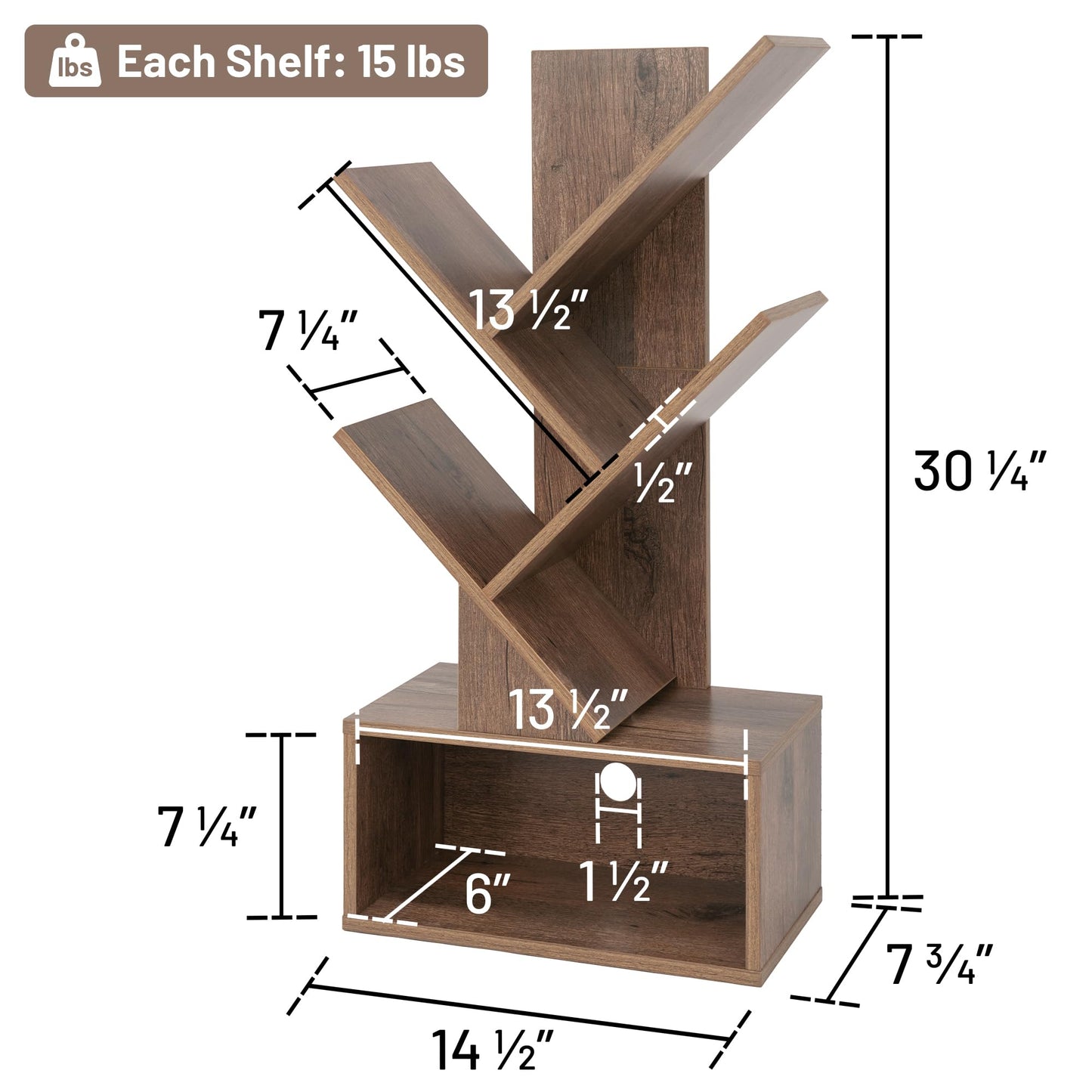 Labcosi 3 Tier Tree Bookshelf, Small Bookshelf with Open Storage Space, Wood Shelf for Storing Books, Book Organizer Shelves for Home Office, Bedroom, Living Room