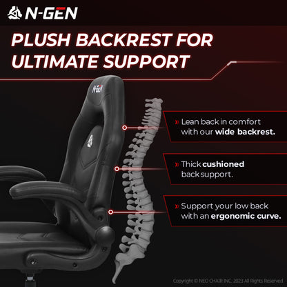 N-GEN Video Gaming Computer Chair Ergonomic Office Chair Desk Chair with Lumbar Support Flip Up Arms Adjustable Height Swivel PU Leather Executive with Wheels for Adults Women Men (Black)