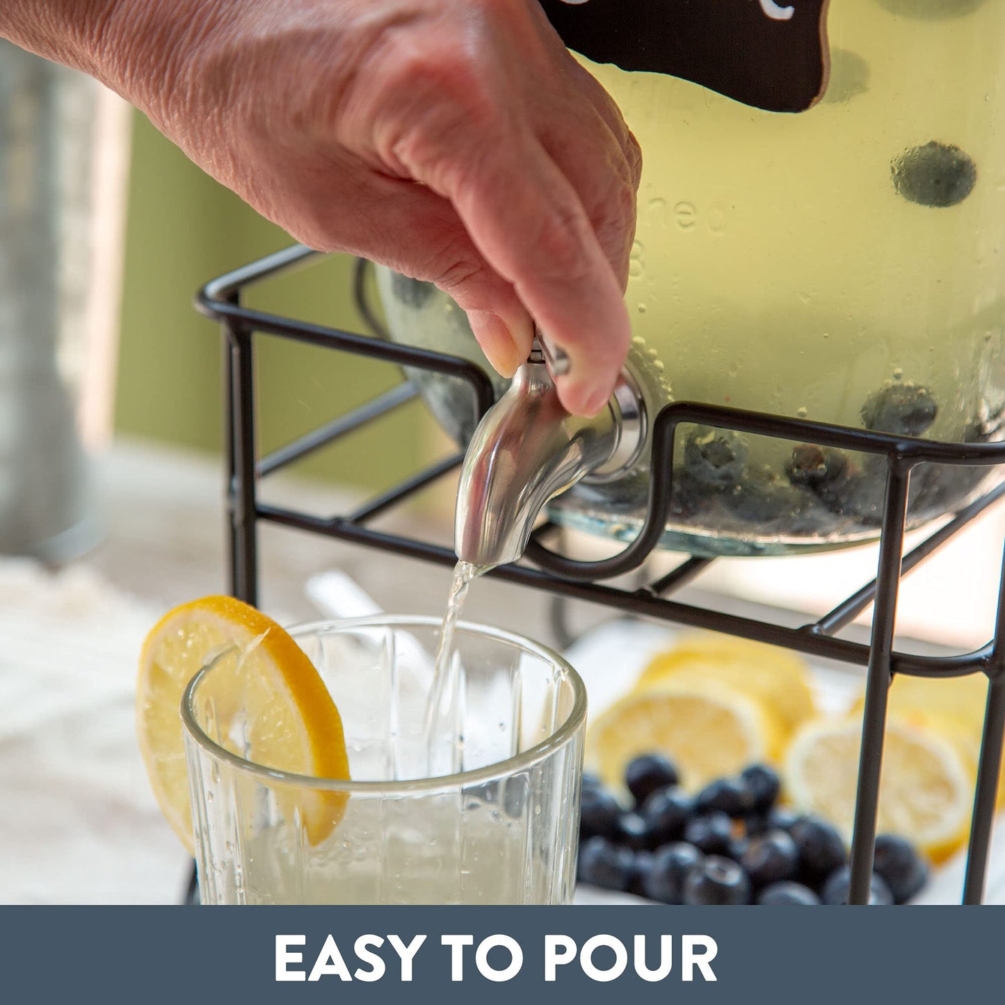 Crutello Glass Beverage Dispenser with Stainless Steel Spigot, 1 Gallon Drink Dispenser Metal Black Stand, Lemonade, Tea, Water, Laundry Detergent - A Family-Owned American Brand