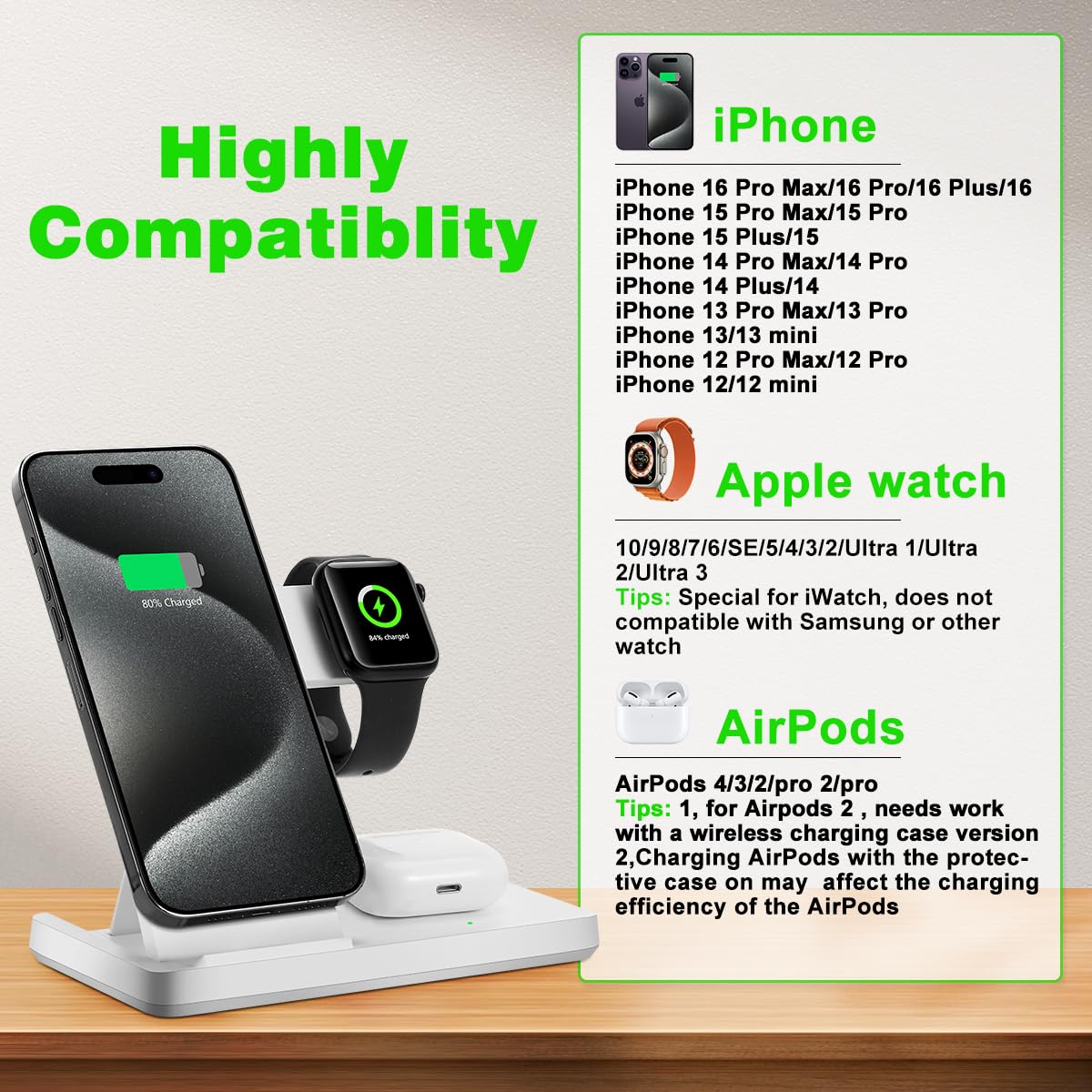 Magnetic 3 in 1 Wireless Charging Station for Magsafe iPhone 12-15 Series, Charging Station for Multiple Devices, Mag-Safe Wireless Charger Stand for Apple Watch 9/8/7/6/5/4/3/2/SE & AirPods 3/2/Pro