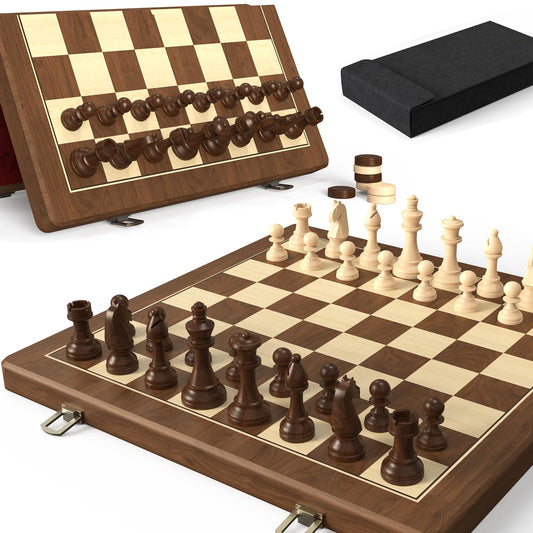 15" Magnetic Wooden Chess and Checkers Set