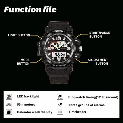 PINDOWS Sport Watch for Men, Digital Analog Military Sports Electronic LED Watches with 12H/24H Display, 50m Waterproof, Alarm Clock, and Stopwatch Timing, Men's Wrist Watches PDS-628