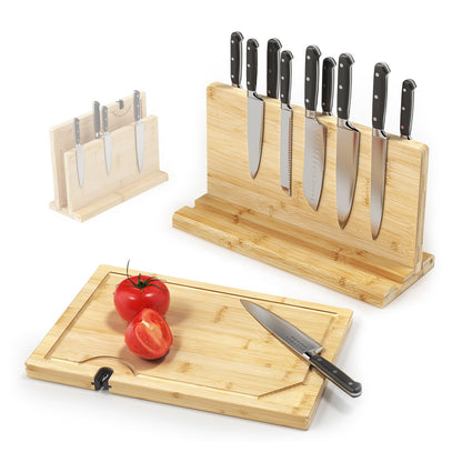 Magnetic Knife Block for up to 16 x 9″ Knives - Powerful Double-Sided Bamboo Magnetic Knife Holder with Cutting Board with Knife Sharpener, Easy-Access Kitchen Knife Storage - Supplied Without Knives