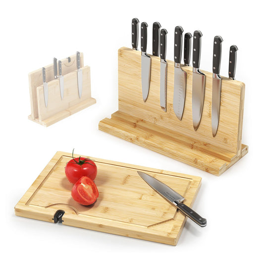 Magnetic Knife Block for up to 16 x 9″ Knives - Powerful Double-Sided Bamboo Magnetic Knife Holder with Cutting Board with Knife Sharpener, Easy-Access Kitchen Knife Storage - Supplied Without Knives