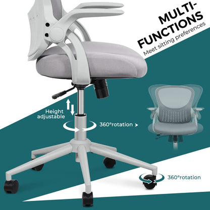 SMUG Office Computer Gaming Desk Chair, Ergonomic Mid-Back Mesh Rolling Work Swivel Chairs with Flip-up Arms, Comfortable Lumbar Support, Comfy Arms for Home, Bedroom, Study, Student, Adults, Grey