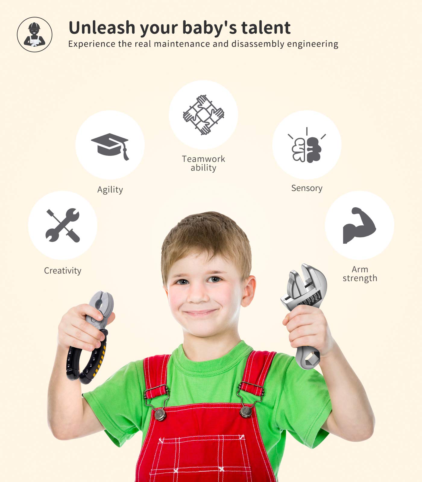 Geyiie Toy Tool Set with Power Drill, Pretend Play Kids Tool Set, Goggles, Preschool STEM Toys Outdoor Tool Kit Party Birthday Gift for Toddler Boys Girls Age 3 4 5 6 7 8