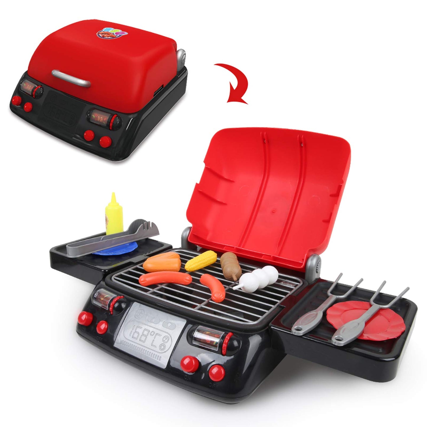 Kitchen Pretend Play Set for Kids, Cooking Spray Pressure Cooker and Pans Other Cookware, Fruit and Vegetable Cutting Toys, Birthday Gifts for Boys Girls 3,4,5,6 (BBQ Set)