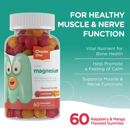 Chapter One Magnesium Gummies, Great Tasting Magnesium for Kids, Calm Kids Magnesium, Magnesium Gummies for Women and Men, Raspberry and Mango Flavored, Certified Kosher, (60 Flavored Gummies)