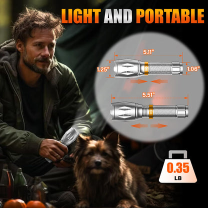 2 Pack LED Flashlights High Lumens with 6 AAA Batteries, 5 Modes Mini Waterproof Tactical Flashlight for Camping Hiking, Bright Flashlight with Zoomable, Fathers Day Dad Gifts for Men, Silver & Orange