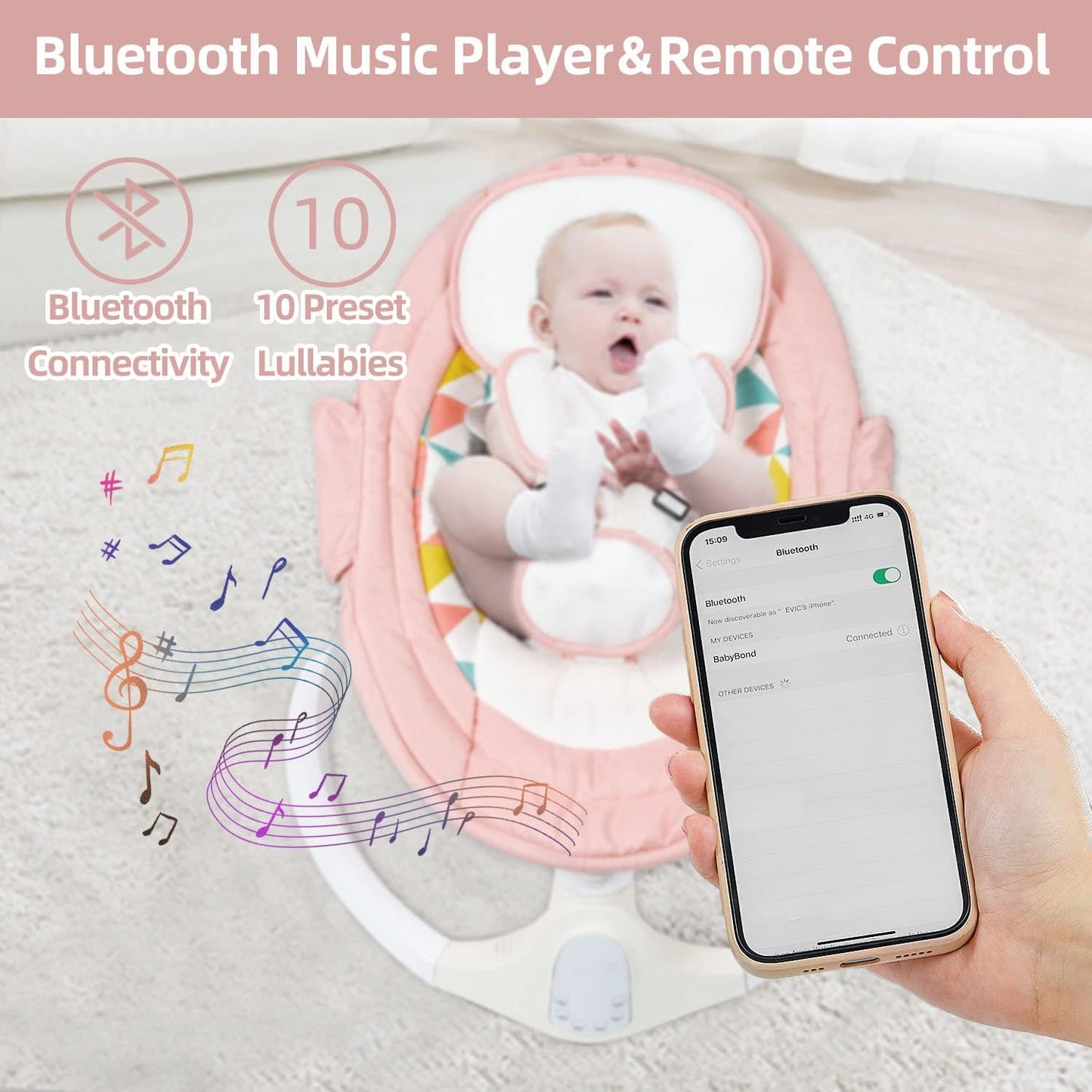 Baby Swing for Infants to Toddler,Electric Portable Baby Swing and Bouncer,Bluetooth Infant Swing for Newborn with Remote Control,10 Music,5 Speed,3 Seat Position,Baby Rocker for Baby 0-9 Month