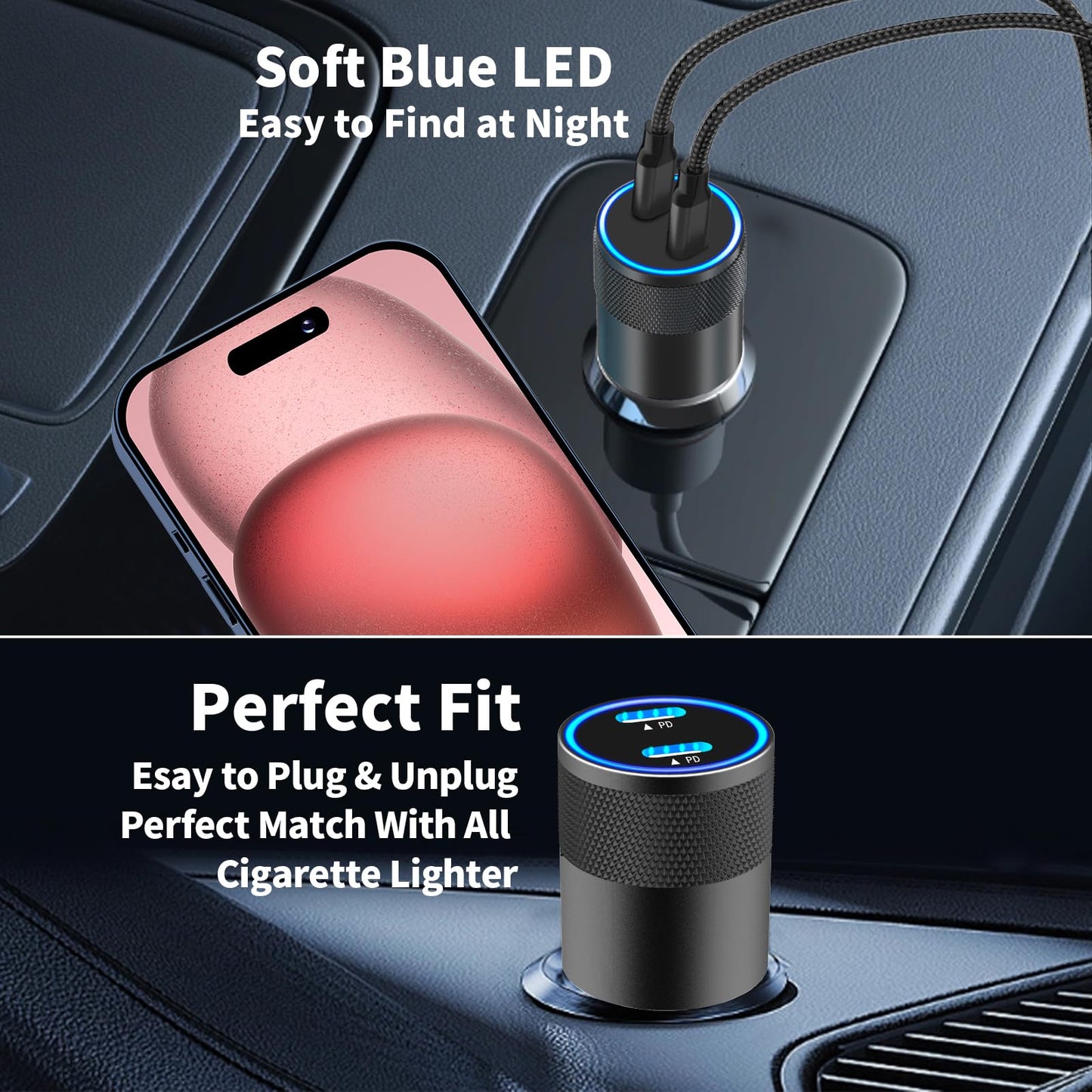 [Apple MFi Certified] iPhone 16 Car Charger Fast Charging, Braveridge 72W Dual PD Car Power Cigarette Lighter USB-C Car Charger + 2Pack Type-C Braided Cable for iPhone 16 Pro/16 Pro Max/15/15 Pro/iPad