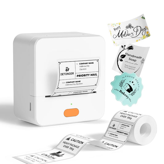 DETONGER Label Maker Machine with Tape P1 2 Inch Thermal Printer Portable Bluetooth Shipping Label Printer Sticker Maker Labeling Machine Home Office School Business Use Rechargeable White
