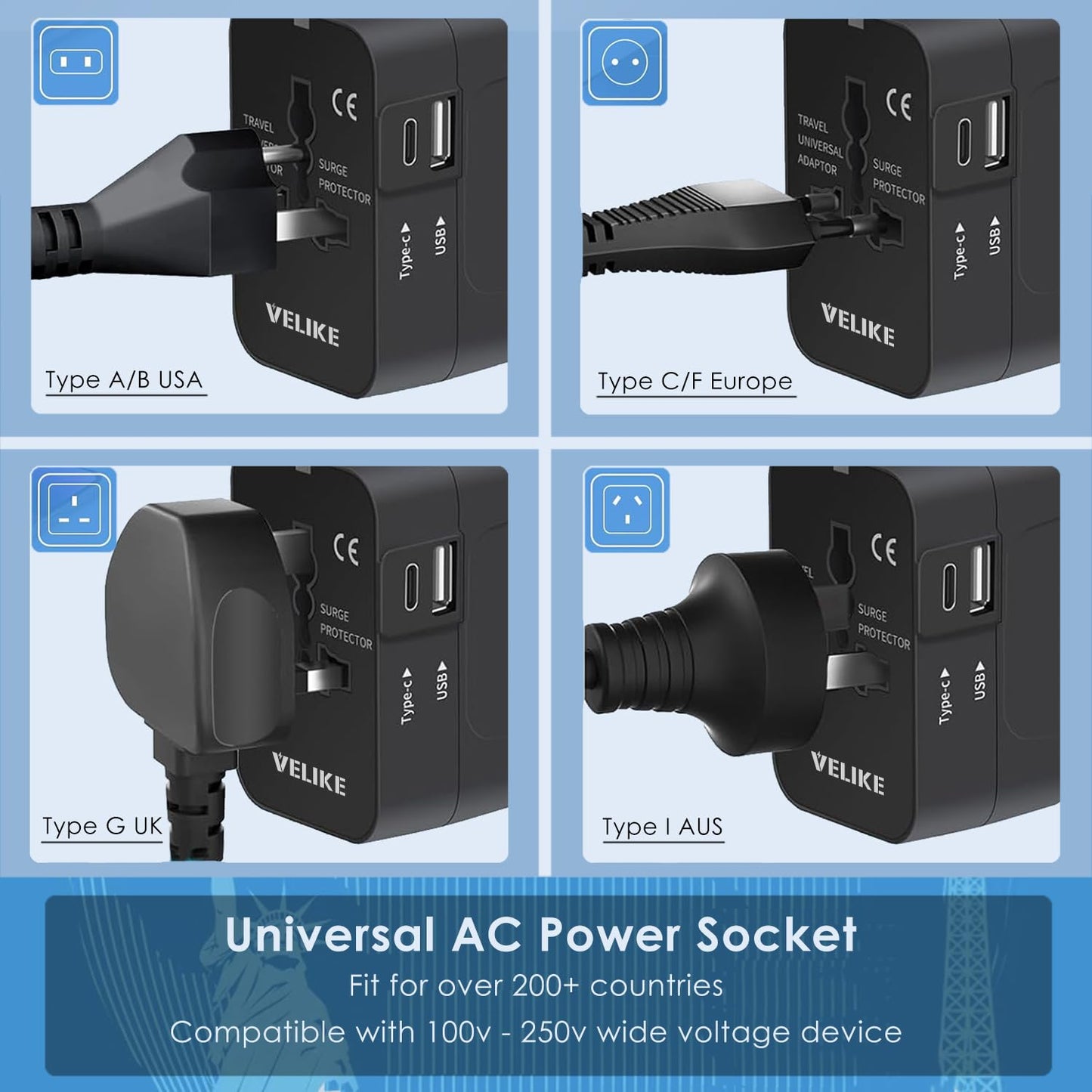 Travel Adapter Worldwide, International Power Adapter Universal Adapter Plug Converter Wall Type-C Charger Global Adaptor VELIKE AC Power Plug with USB C Charging Ports for USA Europe EU UK AUS