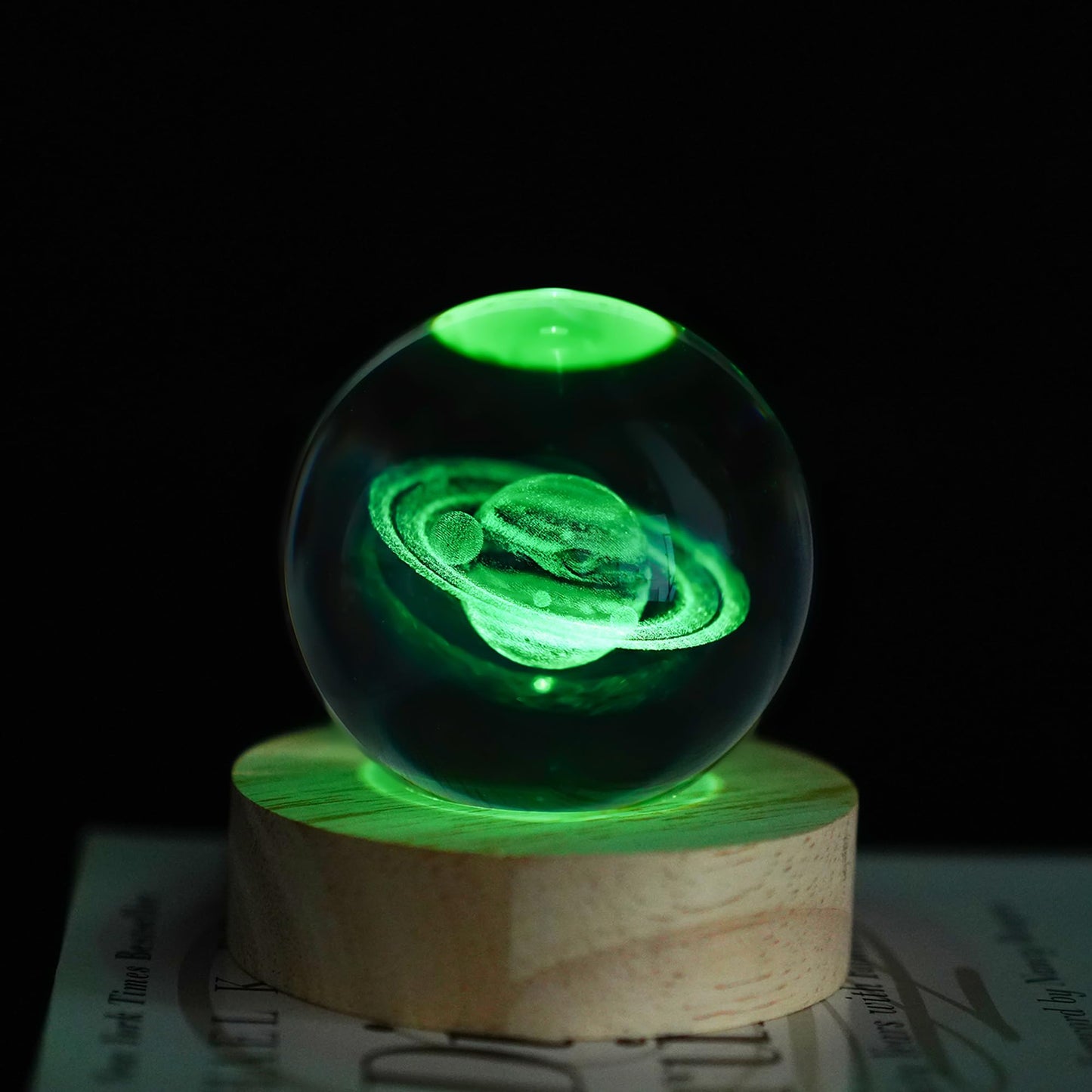 YU FENG 3D Engraved Saturn Crystal Ball on Wooden Base Ideal for Home Decor and Collectors