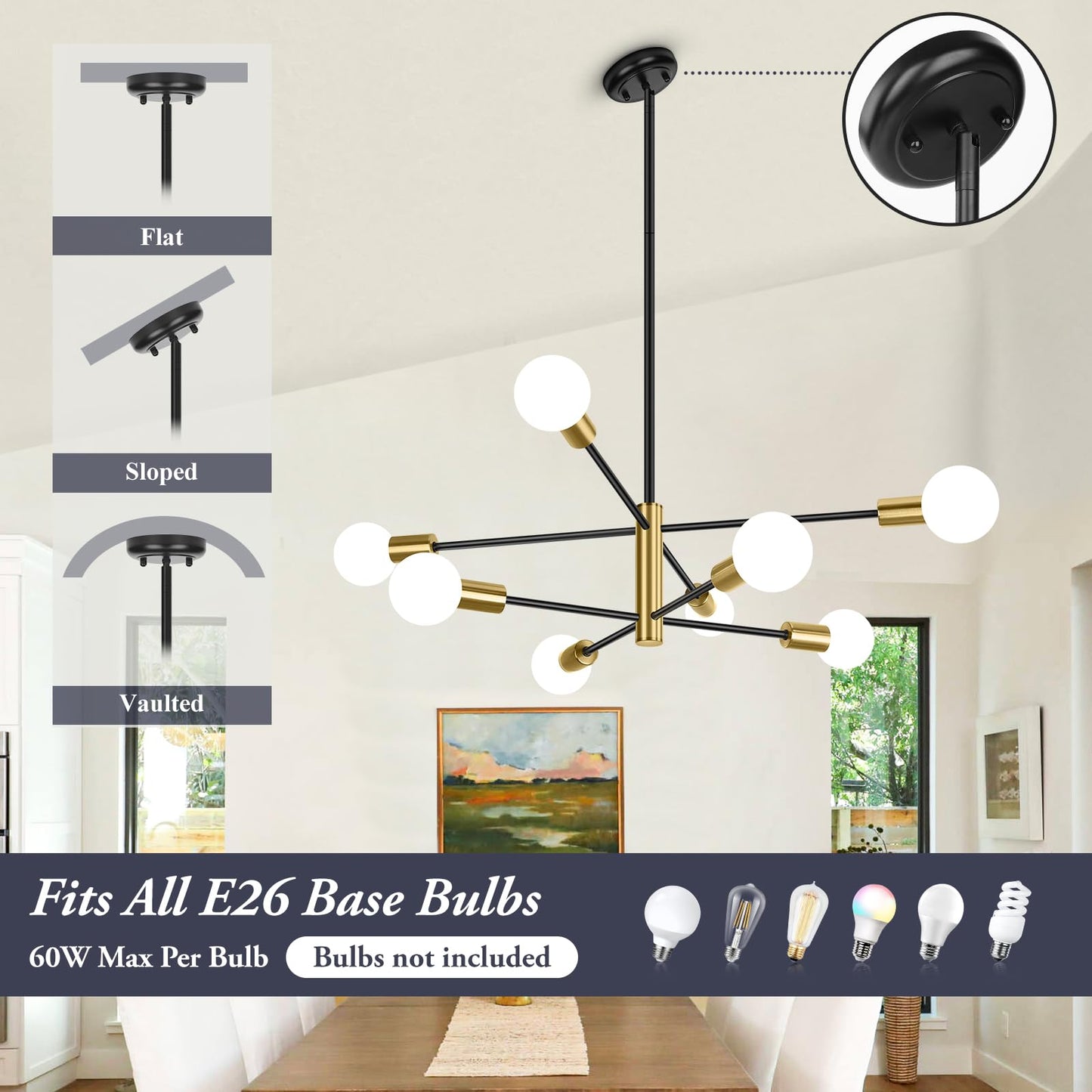 BesLowe 8-Light Modern Sputnik Chandelier, Mid Century Black & Gold Chandeliers Lighting, Farmhouse Ceiling Hanging Light Fixture for Dining Room Bedroom Living Room Kitchen Foyer, Height Adjustable