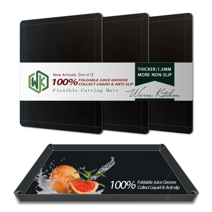 WK Extra Thick Foldable Cutting Boards with Lip, Flexible Plastic Cutting Board Mats for Kitchen, Black Cutting Boards for Meat, Nonslip Cutting Mats, BPA Free, Dishwasher Safe, Set of 3
