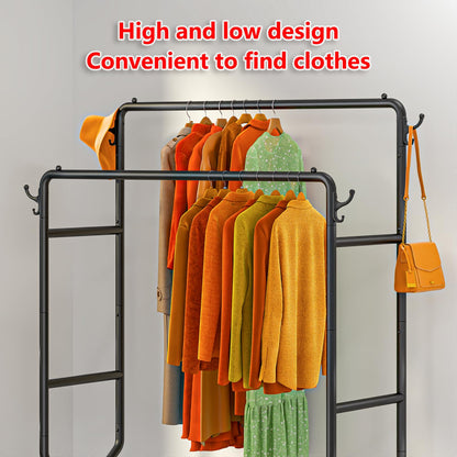 Wiracks Double Rod Rolling Clothes Rack with Shelves