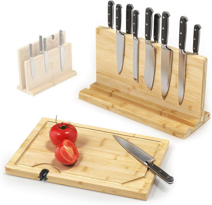 Magnetic Knife Block for up to 16 x 9″ Knives - Powerful Double-Sided Bamboo Magnetic Knife Holder with Cutting Board with Knife Sharpener, Easy-Access Kitchen Knife Storage - Supplied Without Knives