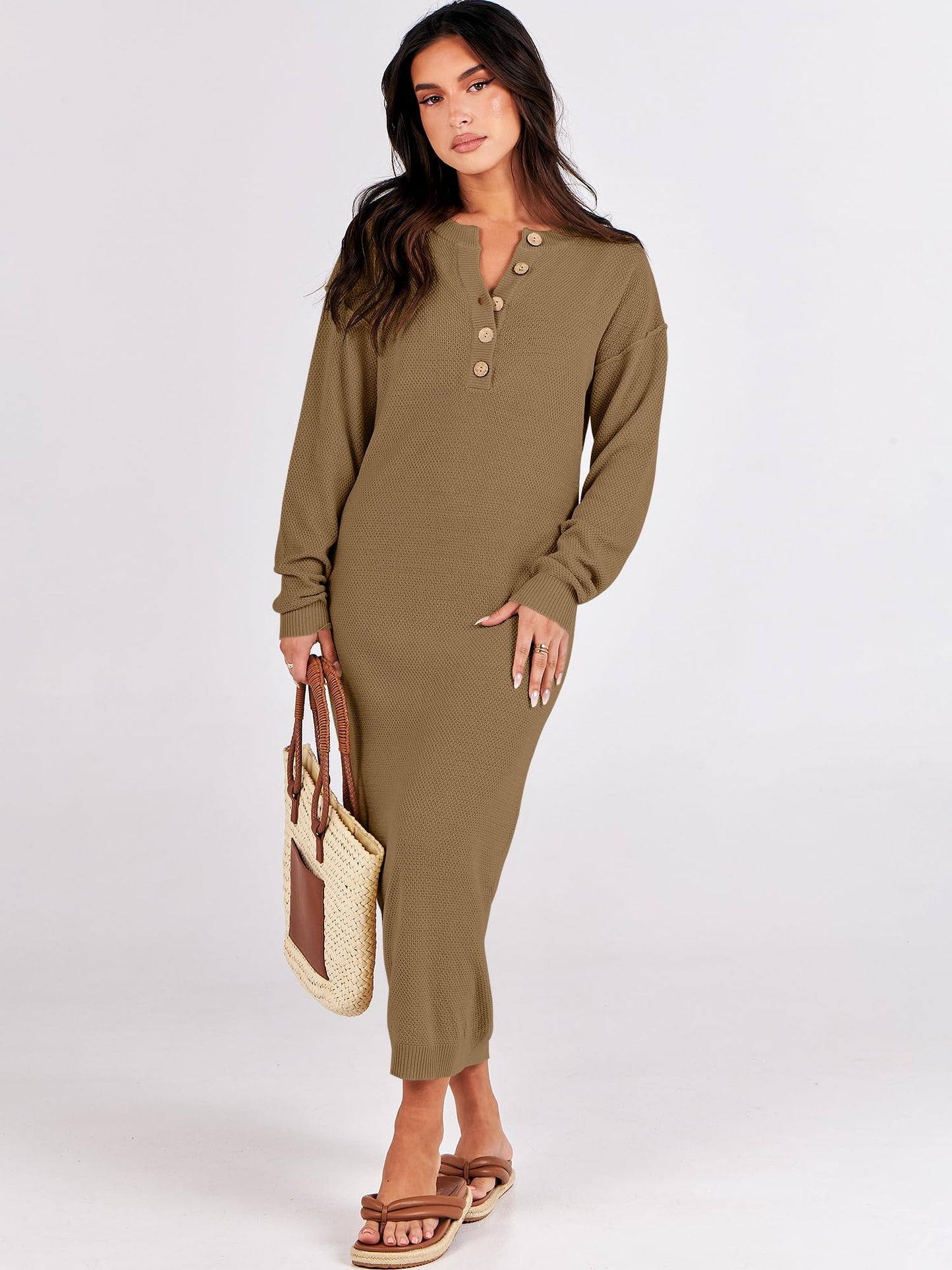 ANRABESS Women Long Sleeve Button V Neck Oversized Casual Loose Fit Waffle Knit Fall Midi Sweater Dress 2024 Trendy Outfits Khaki Medium