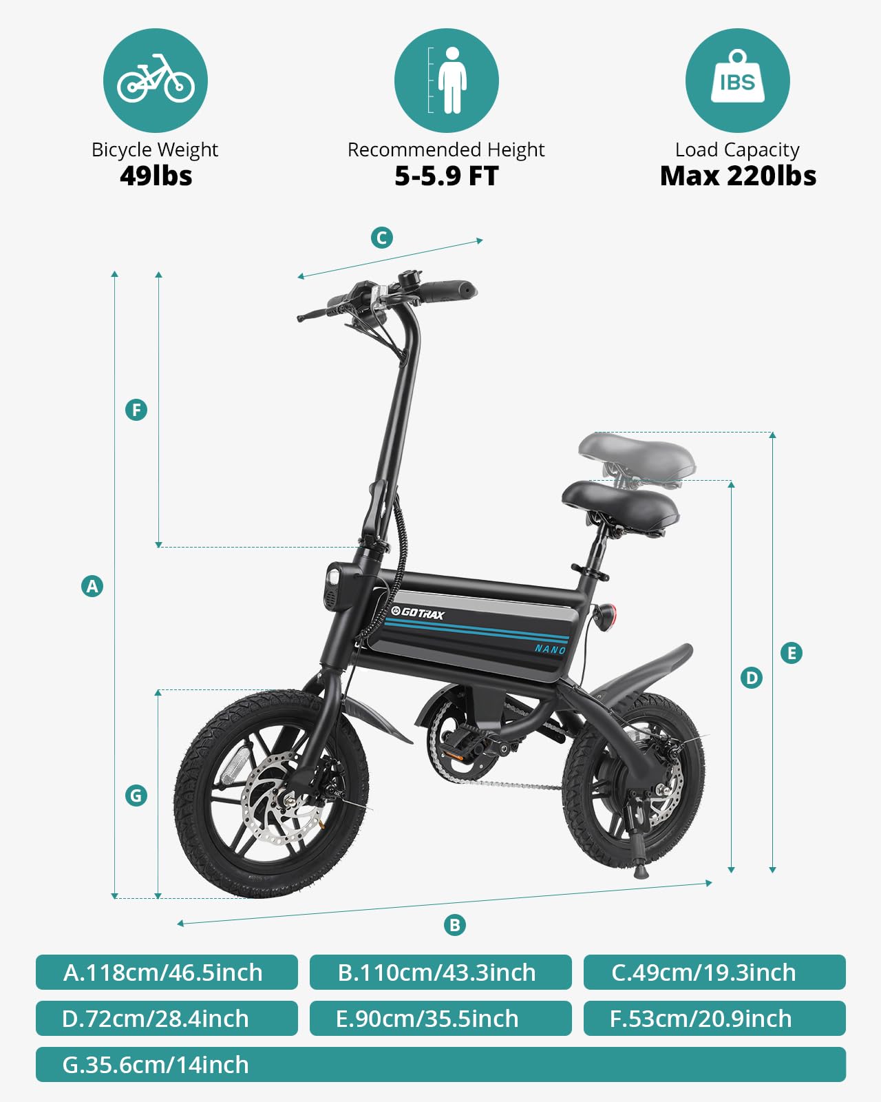 Gotrax Nano 14" Folding Electric Bike, Max Range 25Miles(Pedal-Assist) & Max Speed 15.5Mph, Power by 350W Motor, Adjustable Seat & Dual Fenders, Commuter Electric Bicycle for Adults/Teens Black