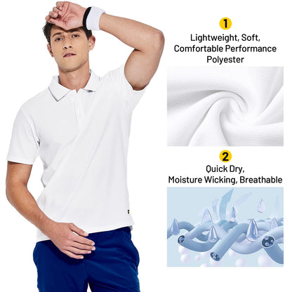 MIER Men's Short Sleeve Polo Shirt Quick Dry Tennis Golf Collared T-Shirts Contrast Collar Casual Polo Moisture Wicking, White, L