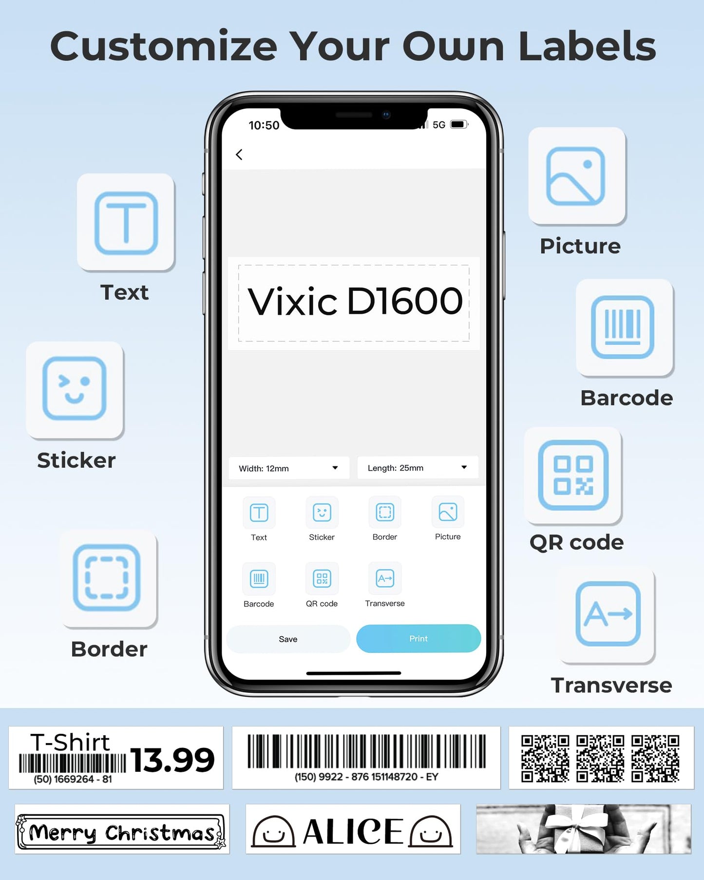 Vixic Label Maker Machine D1600 Portable Bluetooth Label Printer for Labeling, Mini Label Maker Compatible with Android & iOS Phone for organizing, Inkless Rechargeable Handheld, Black