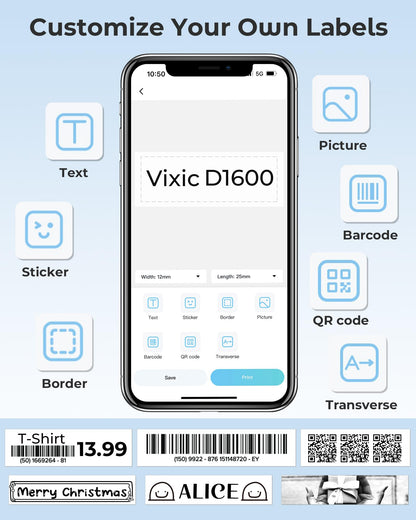 Vixic Label Maker Machine D1600 Portable Bluetooth Label Printer for Labeling, Mini Label Maker Compatible with Android & iOS Phone for organizing, Inkless Rechargeable Handheld, Black