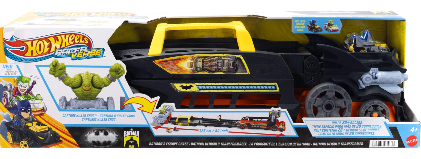 Hot Wheels Toy Car & Track, RacerVerse Batman’s Escape Chase Vehicle Transforms into 3-Lane Raceway with 1 Die-Cast Batman & 1 Joker RacerVerse Car