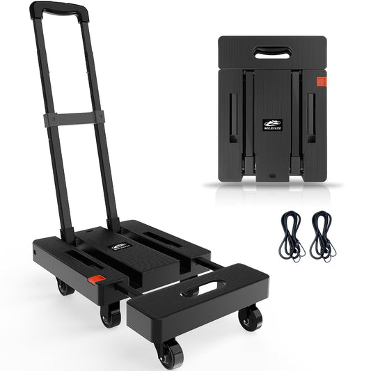 SOLEJAZZ Folding Hand Truck Portable Dolly for Moving, 500LB Luggage Cart Dolly with 6 Wheels & 2 Bungee Cords for Travel, Moving, Shopping Use, Black